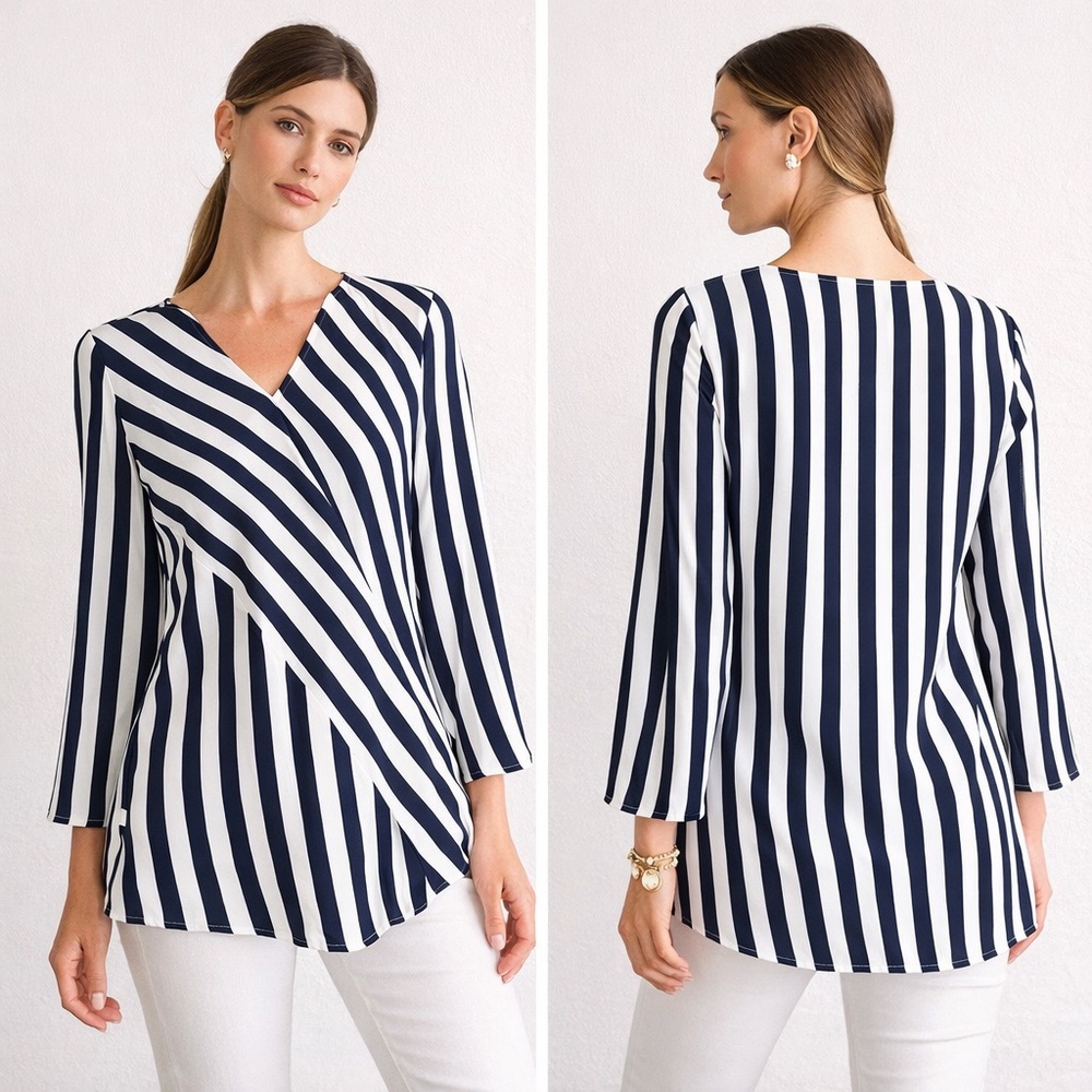 Chico’s‎ Navy White Striped Tunic Blouse Size 1 (8/10) Medium